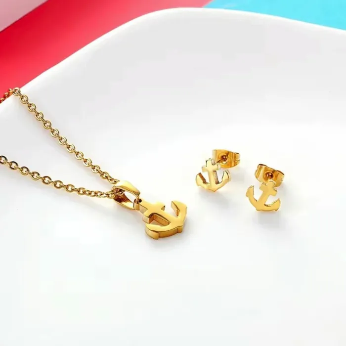 Gold Stainless Steel Jewelry Set | Ocean Anchor Chain Necklace & Stud Earrings | New Summer European & American Style for Girls