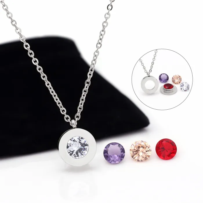 European & American Vintage Minimalist Heart & Round Interchangeable Stone Necklace & Earring Set | Stainless Steel Jewelry | Factory Wholesale