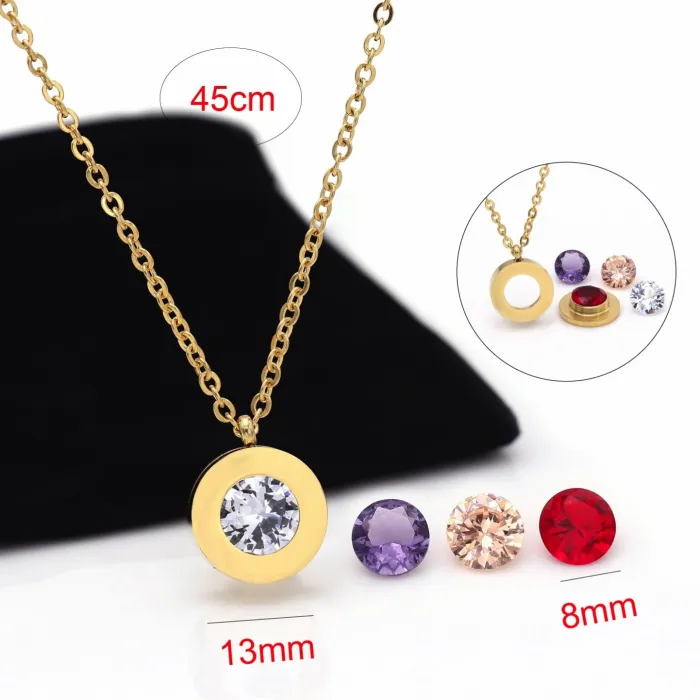 European & American Vintage Minimalist Heart & Round Interchangeable Stone Necklace & Earring Set | Stainless Steel Jewelry | Factory Wholesale