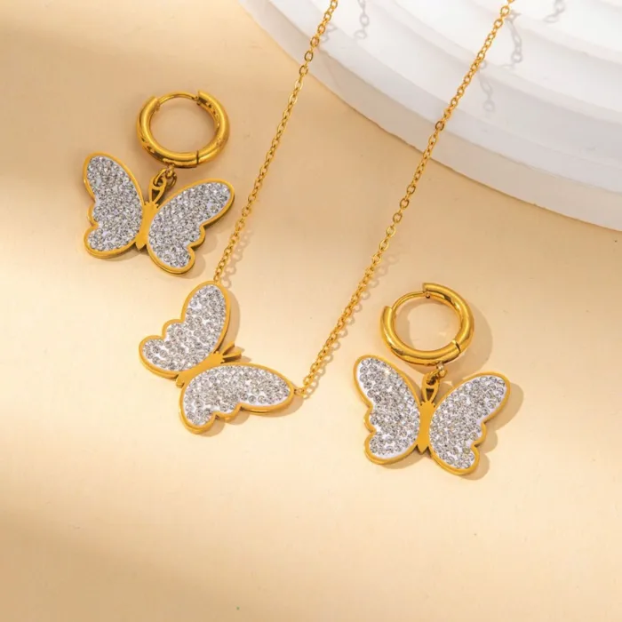 Fashionable Elegant Women's Titanium Steel Sparkling Full Zircon Butterfly Pendant Necklace & Earrings Set | Versatile Niche Jewelry | Stainless Steel