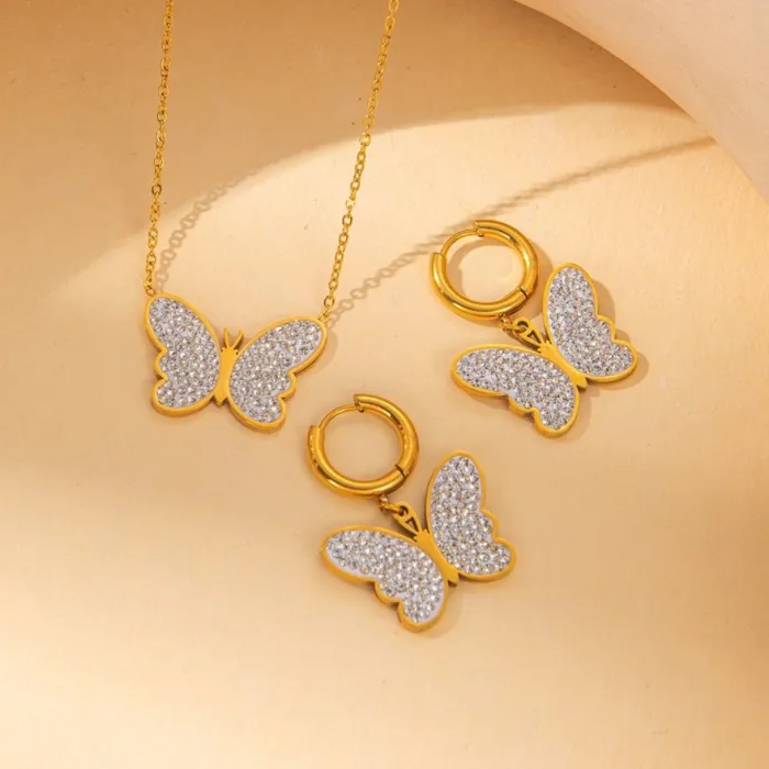 Fashionable Elegant Women's Titanium Steel Sparkling Full Zircon Butterfly Pendant Necklace & Earrings Set | Versatile Niche Jewelry | Stainless Steel