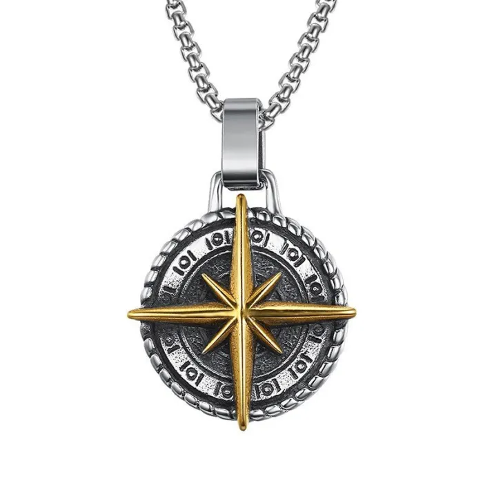 European & American Titanium Steel Compass Pendant | Vintage Punk Men's Stainless Steel Necklace | Wholesale Navigation Jewelry Accessories