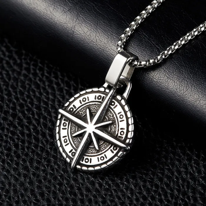 European & American Titanium Steel Compass Pendant | Vintage Punk Men's Stainless Steel Necklace | Wholesale Navigation Jewelry Accessories