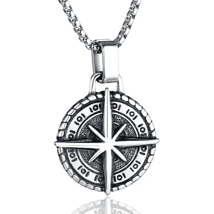 European & American Titanium Steel Compass Pendant | Vintage Punk Men's Stainless Steel Necklace | Wholesale Navigation Jewelry Accessories