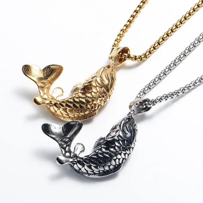 Vintage Titanium Steel Cast Koi Fish Pendant Necklace | 304 Stainless Steel Lucky Koi Accessory | Vacuum 18K Gold Plated Design