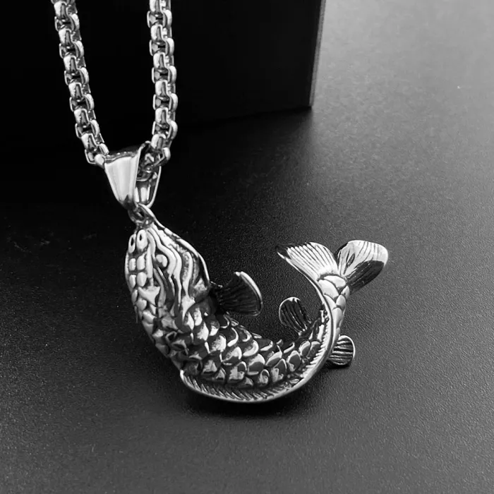 Vintage Titanium Steel Cast Koi Fish Pendant Necklace | 304 Stainless Steel Lucky Koi Accessory | Vacuum 18K Gold Plated Design