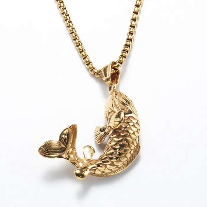 Vintage Titanium Steel Cast Koi Fish Pendant Necklace | 304 Stainless Steel Lucky Koi Accessory | Vacuum 18K Gold Plated Design