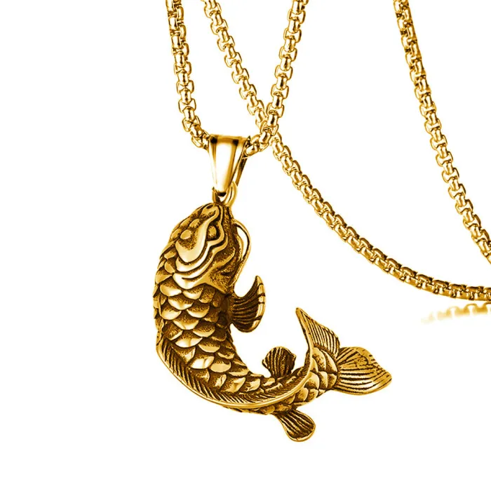 Vintage Titanium Steel Cast Koi Fish Pendant Necklace | 304 Stainless Steel Lucky Koi Accessory | Vacuum 18K Gold Plated Design
