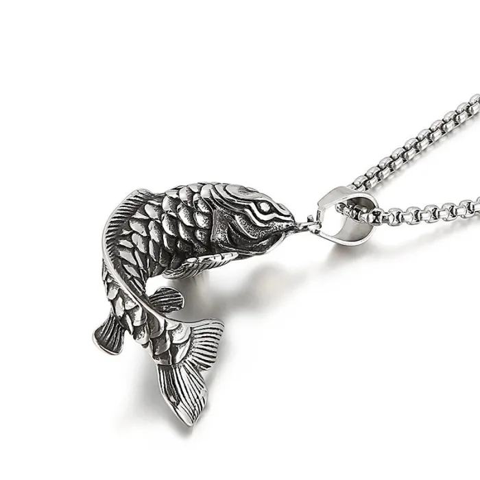 Vintage Titanium Steel Cast Koi Fish Pendant Necklace | 304 Stainless Steel Lucky Koi Accessory | Vacuum 18K Gold Plated Design