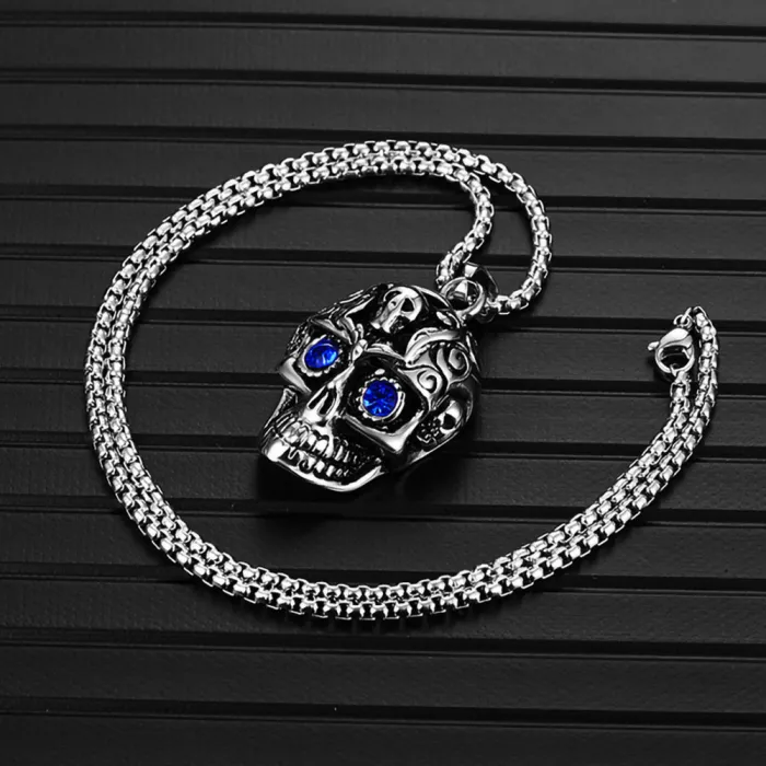 European & American Vintage Titanium Steel Cast Skull Gemstone Pendant Necklace | Polished Stainless Steel Skull Jewelry Accessory
