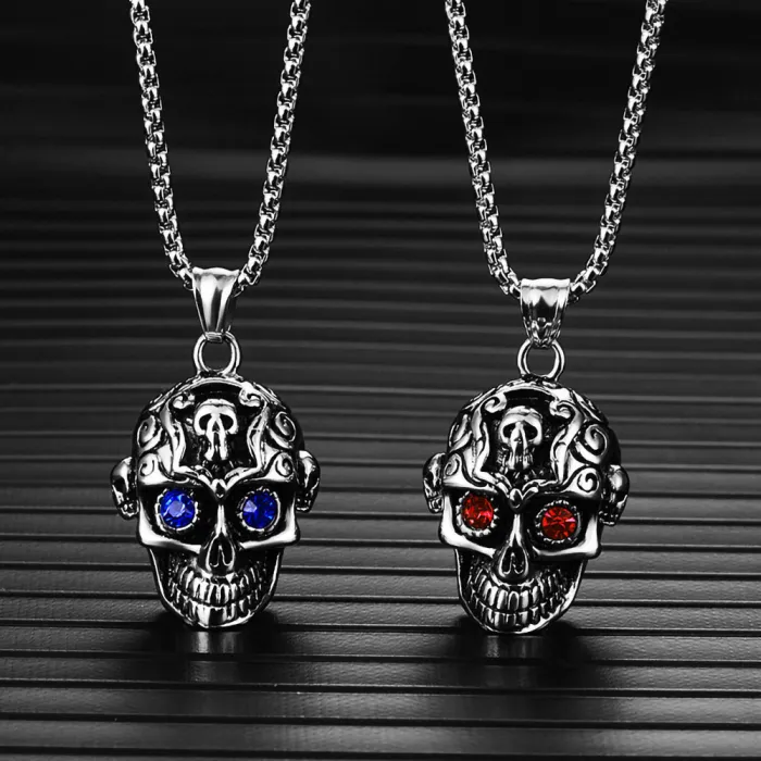 European & American Vintage Titanium Steel Cast Skull Gemstone Pendant Necklace | Polished Stainless Steel Skull Jewelry Accessory