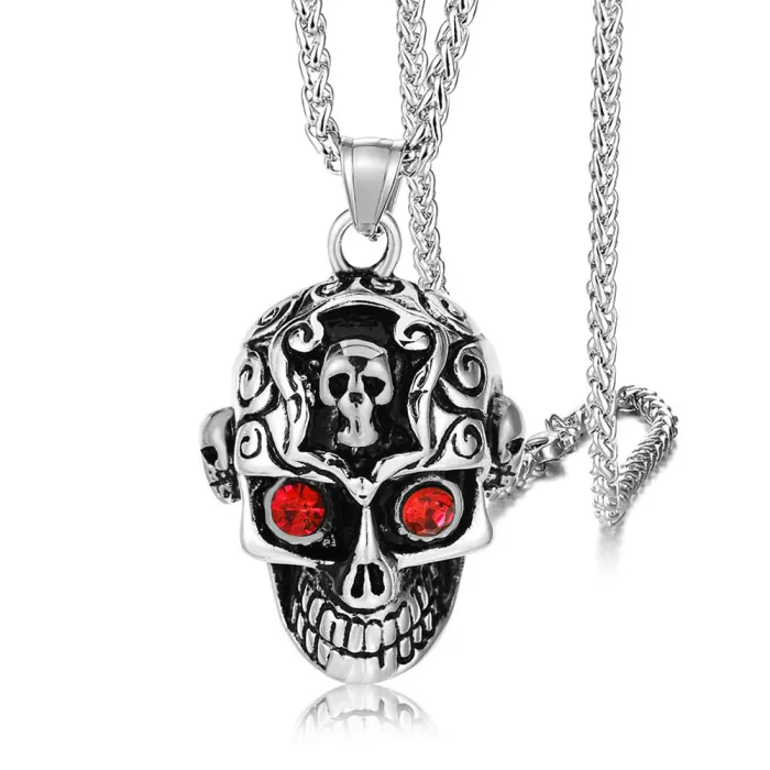European & American Vintage Titanium Steel Cast Skull Gemstone Pendant Necklace | Polished Stainless Steel Skull Jewelry Accessory