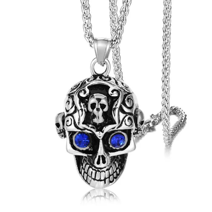 European & American Vintage Titanium Steel Cast Skull Gemstone Pendant Necklace | Polished Stainless Steel Skull Jewelry Accessory