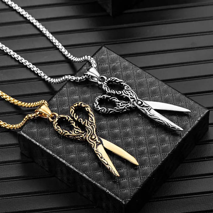 European & American Vintage Titanium Steel Cast Scissors Pendant Necklace | Stainless Steel Scissors Jewelry Accessory | Vacuum 18K Gold Plated