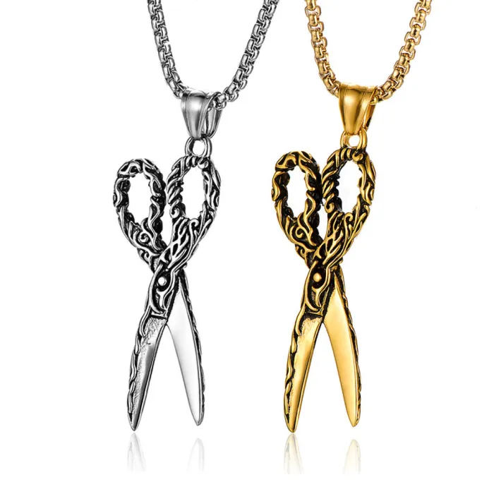 European & American Vintage Titanium Steel Cast Scissors Pendant Necklace | Stainless Steel Scissors Jewelry Accessory | Vacuum 18K Gold Plated