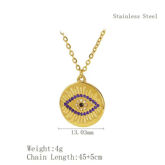Turkish Vintage Evil Eye Necklace | Stainless Steel Personalized Zircon-Inlaid Round Pendant | Clavicle Chain