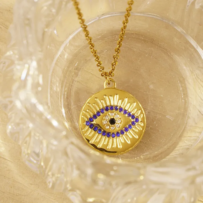 Turkish Vintage Evil Eye Necklace | Stainless Steel Personalized Zircon-Inlaid Round Pendant | Clavicle Chain