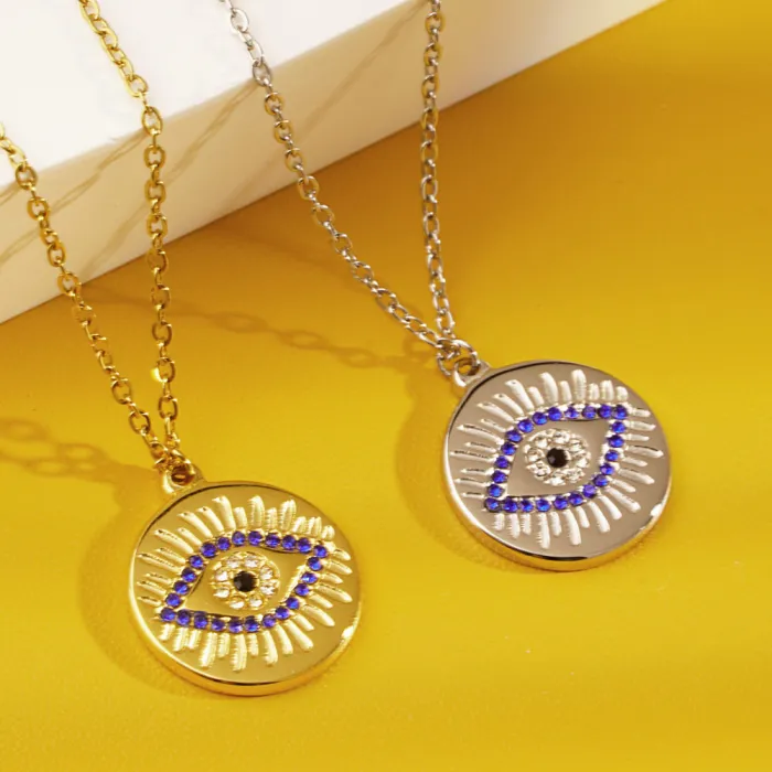 Turkish Vintage Evil Eye Necklace | Stainless Steel Personalized Zircon-Inlaid Round Pendant | Clavicle Chain