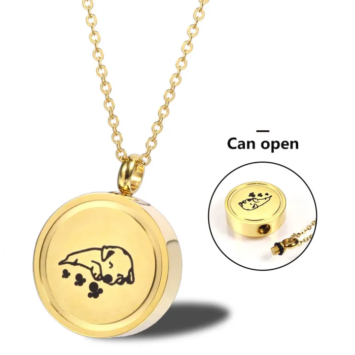 Memorial Pet Dog Hair & Ash Urn Pendant | Round Paw Print Openable Perfume Bottle Necklace | Unisex Titanium Steel Jewelry