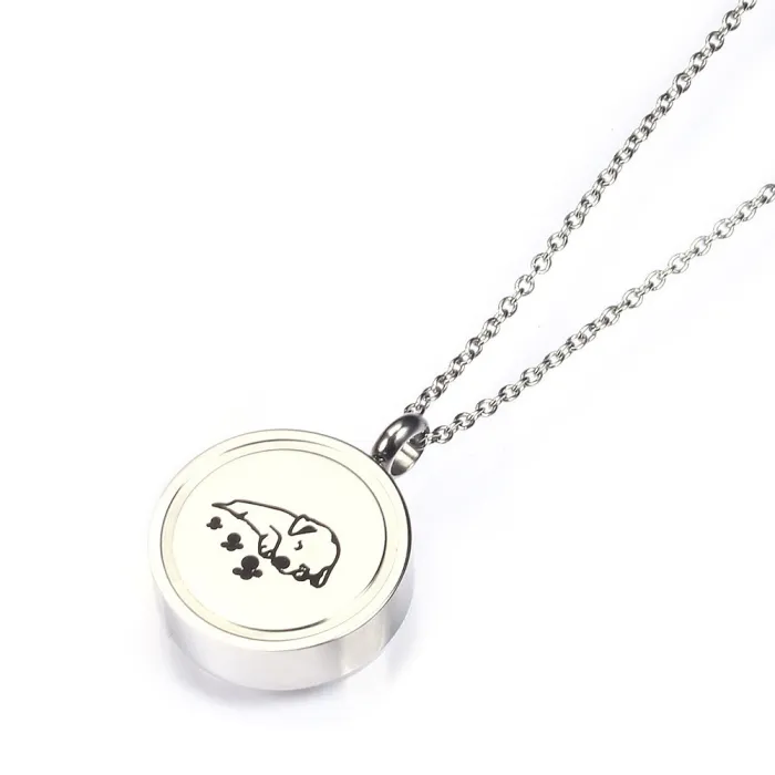 Memorial Pet Dog Hair & Ash Urn Pendant | Round Paw Print Openable Perfume Bottle Necklace | Unisex Titanium Steel Jewelry