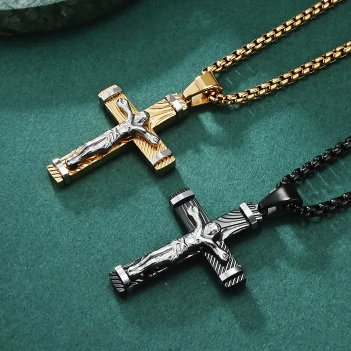 Cross-Border New Titanium Steel Men's Pendant | European Small-Size Damascus Pattern Cross | Vintage Trendy Necklace