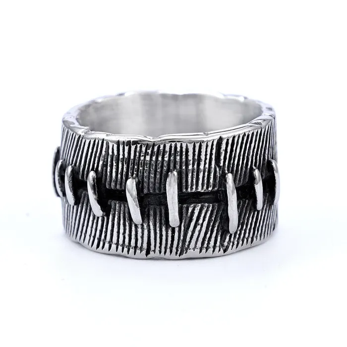 Men's Dark Punk Ring – Grain Texture, Stitch Design, Niche High-End Style