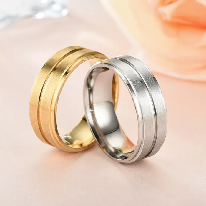 Men's Matte Step Edge Ring – 8MM Wide Stainless Steel Band, Black Gold Silver Options
