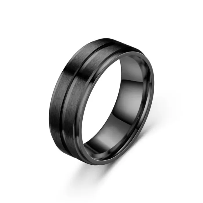 Men's Matte Step Edge Ring – 8MM Wide Stainless Steel Band, Black Gold Silver Options