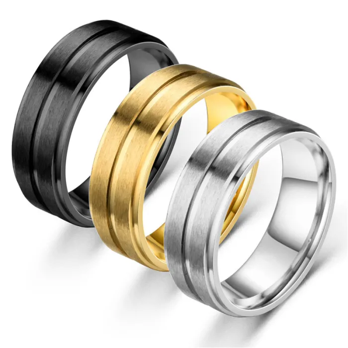 Men's Matte Step Edge Ring – 8MM Wide Stainless Steel Band, Black Gold Silver Options