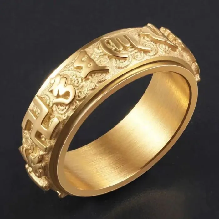 Men's Spinning Buddhist Mantra Ring – Titanium Steel, Om Mani Padme Hum, Swastika & Cloud Design