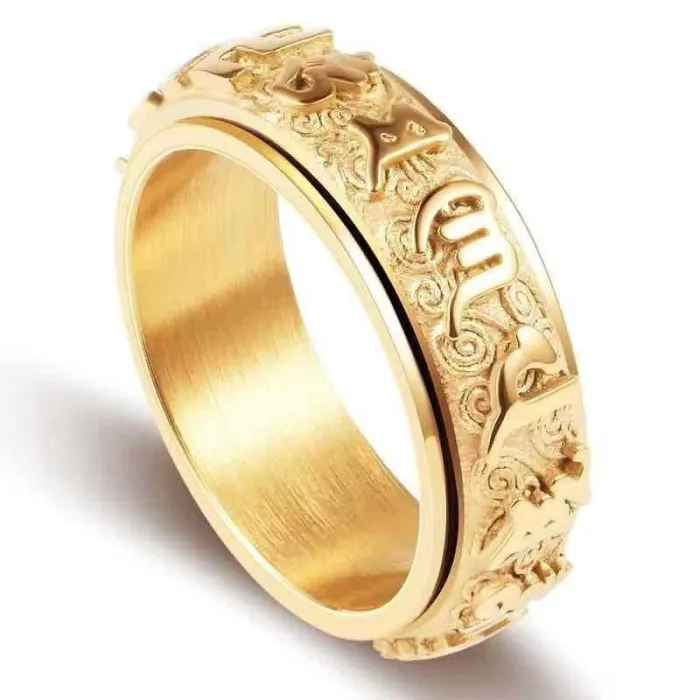 Men's Spinning Buddhist Mantra Ring – Titanium Steel, Om Mani Padme Hum, Swastika & Cloud Design