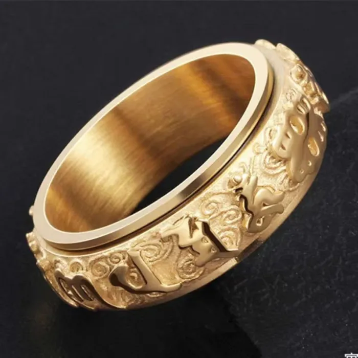 Men's Spinning Buddhist Mantra Ring – Titanium Steel, Om Mani Padme Hum, Swastika & Cloud Design