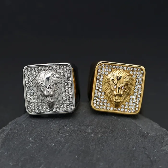 Men's Iced Out Lion Ring – 316L Stainless Steel, Gold Plated, Hip-Hop Rapper Style, Wholesale
