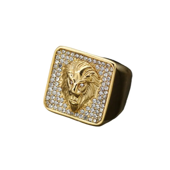 Men's Iced Out Lion Ring – 316L Stainless Steel, Gold Plated, Hip-Hop Rapper Style, Wholesale