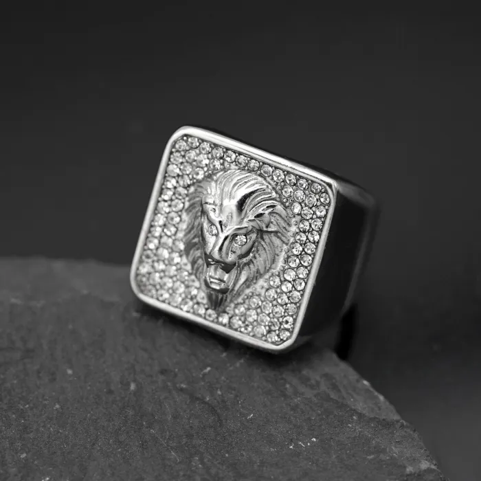 Men's Iced Out Lion Ring – 316L Stainless Steel, Gold Plated, Hip-Hop Rapper Style, Wholesale