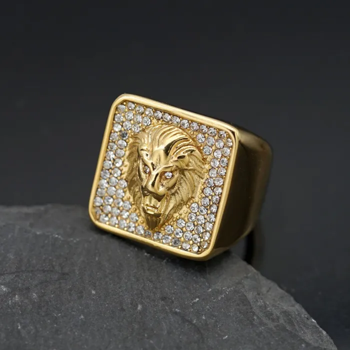 Men's Iced Out Lion Ring – 316L Stainless Steel, Gold Plated, Hip-Hop Rapper Style, Wholesale