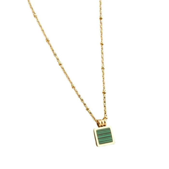 Women's Malachite Necklace – Minimalist Square Pendant, Emerald Green, Titanium Steel, Wholesale
