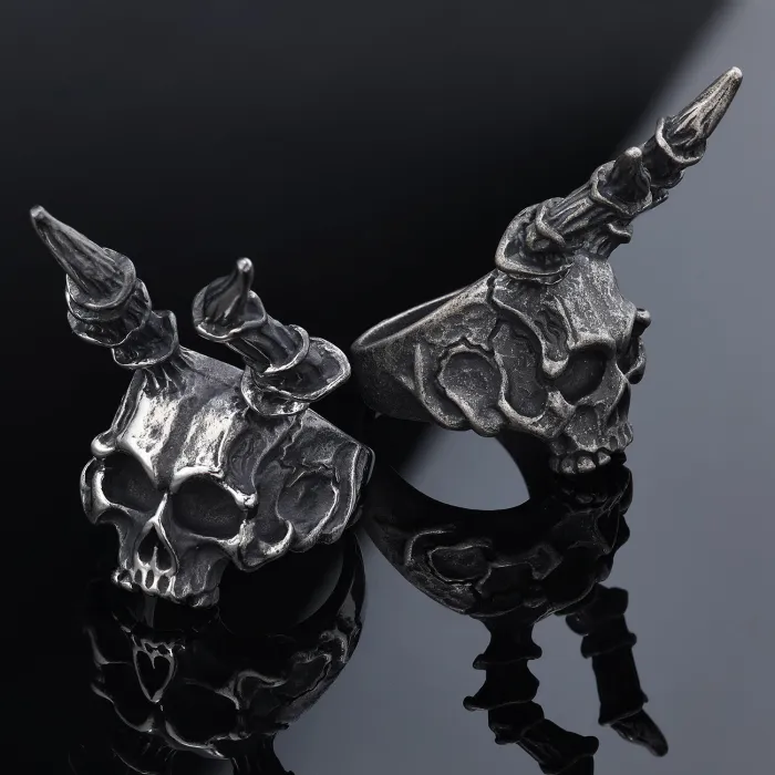Men's Punk Ram Horn Skull Ring – Gothic Vintage Style, Stainless Steel, Wholesale