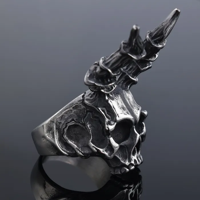 Men's Punk Ram Horn Skull Ring – Gothic Vintage Style, Stainless Steel, Wholesale