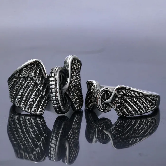 Motorcycle Wheel Wing Ring – Unisex Biker Style, Stainless Steel, Punk Fashion, Wholesale