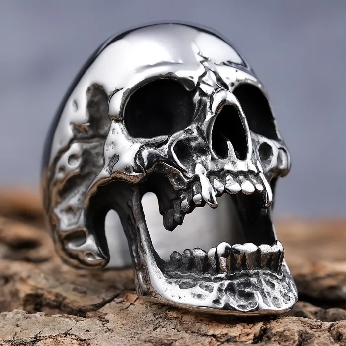 Men's Gothic Zombie Skull Ring – Long Teeth Design, Black Polished Titanium Steel, Wholesale