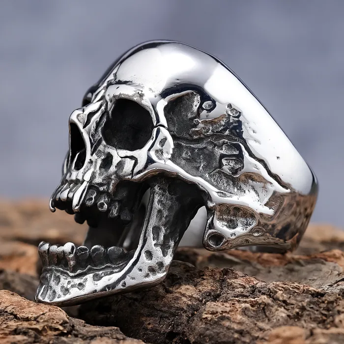 Men's Gothic Zombie Skull Ring – Long Teeth Design, Black Polished Titanium Steel, Wholesale