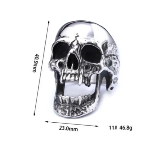 Men's Gothic Zombie Skull Ring – Long Teeth Design, Black Polished Titanium Steel, Wholesale