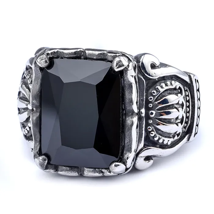 Men's Crown Gemstone Ring – Vintage Zircon Stone, Stainless Steel, Fashion Jewelry Wholesale