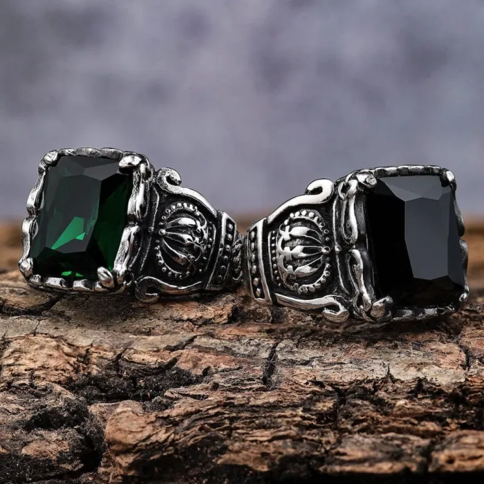 Men's Crown Gemstone Ring – Vintage Zircon Stone, Stainless Steel, Fashion Jewelry Wholesale