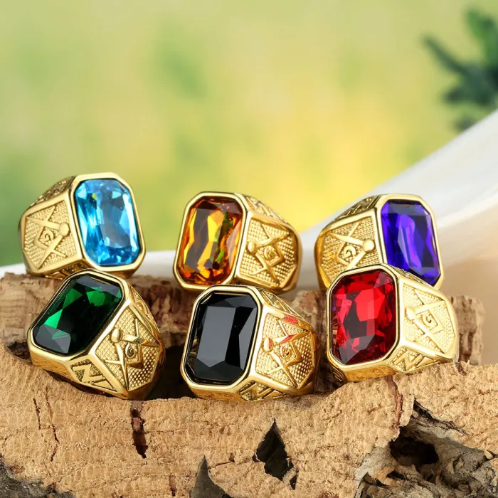 Unisex Punk Gemstone Ring – Red, Green, Blue, Black Stones, Vintage Titanium Steel, Wholesale