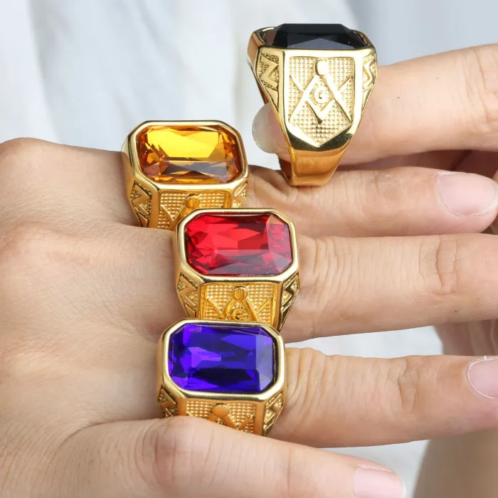 Unisex Punk Gemstone Ring – Red, Green, Blue, Black Stones, Vintage Titanium Steel, Wholesale