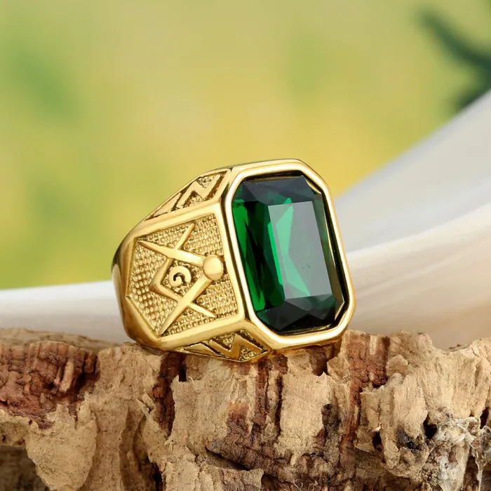 Unisex Punk Gemstone Ring – Red, Green, Blue, Black Stones, Vintage Titanium Steel, Wholesale