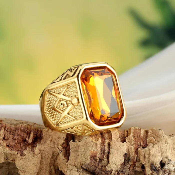 Unisex Punk Gemstone Ring – Red, Green, Blue, Black Stones, Vintage Titanium Steel, Wholesale