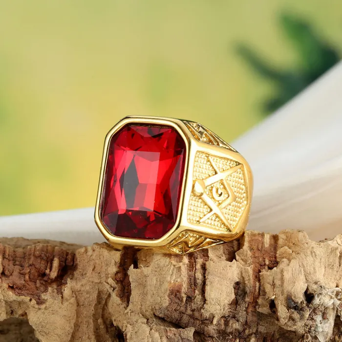 Unisex Punk Gemstone Ring – Red, Green, Blue, Black Stones, Vintage Titanium Steel, Wholesale